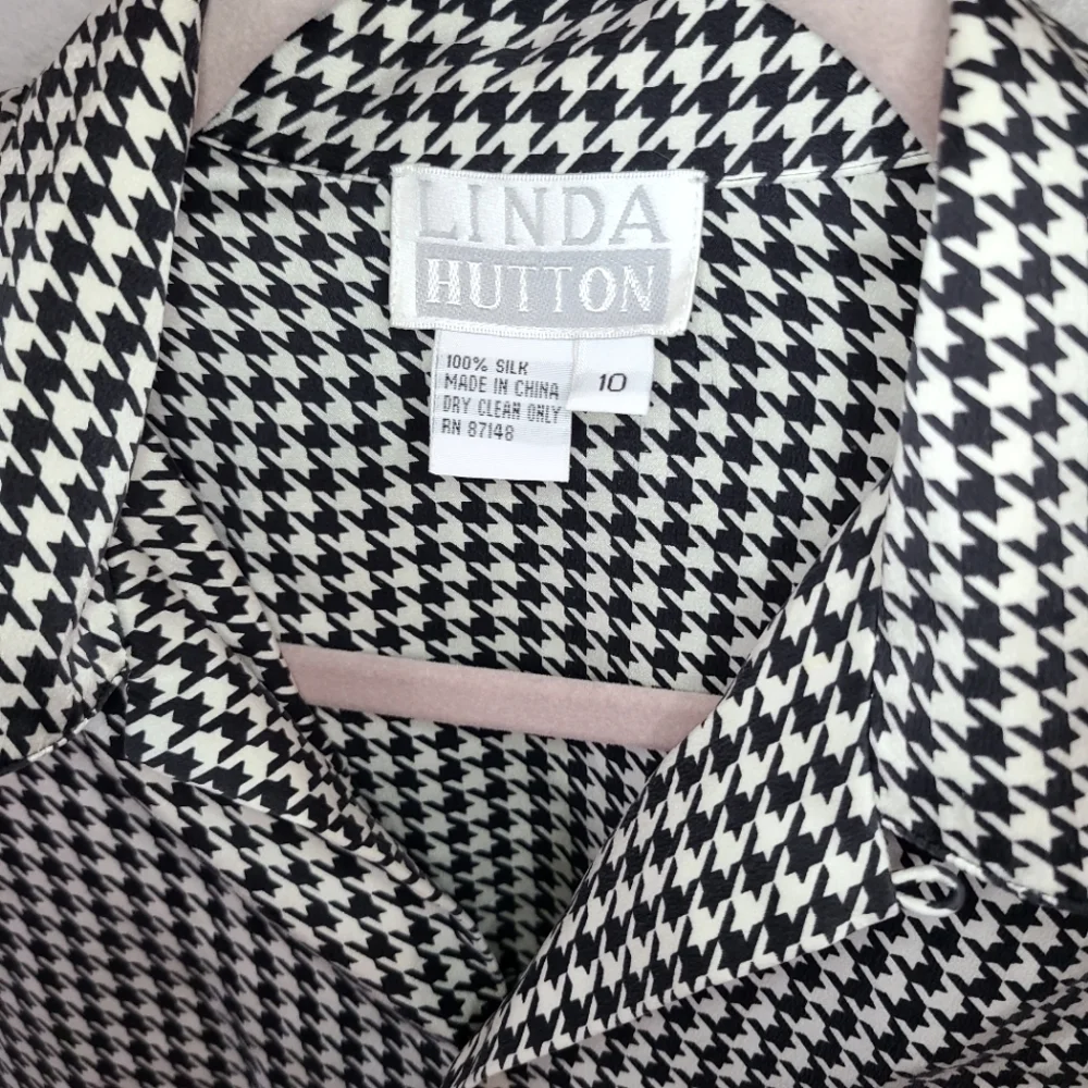 Vintage Houndstooth Silk Blouse Button Down Linda Hutton - Picture 3 of 6